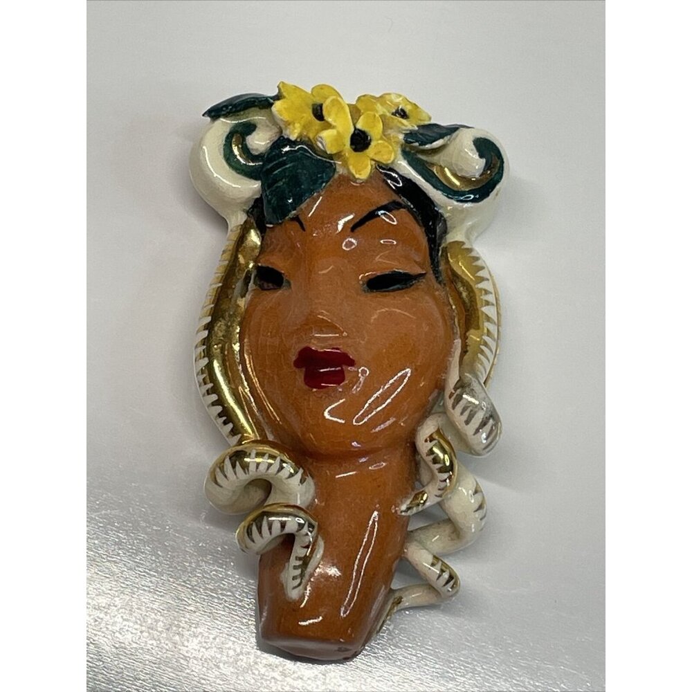 RARE Vintage Copo De Oro 1940s Porcelain Lady's Head Brooch Lin Sticker Read B10 - Picture 2 of 15